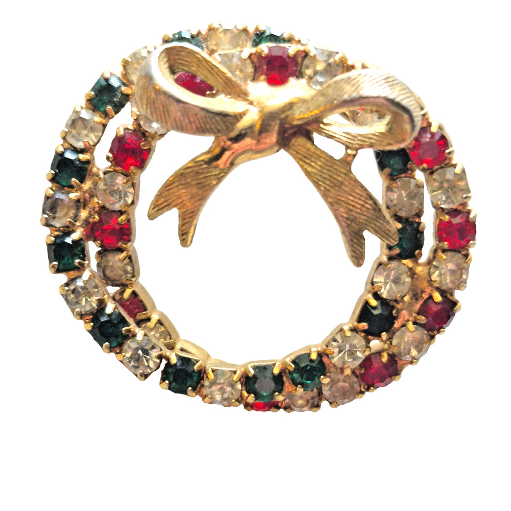 Vintage Holiday Rhinestone Wreath Brooch Pin Gold Tone Clear Red Green Size 1"